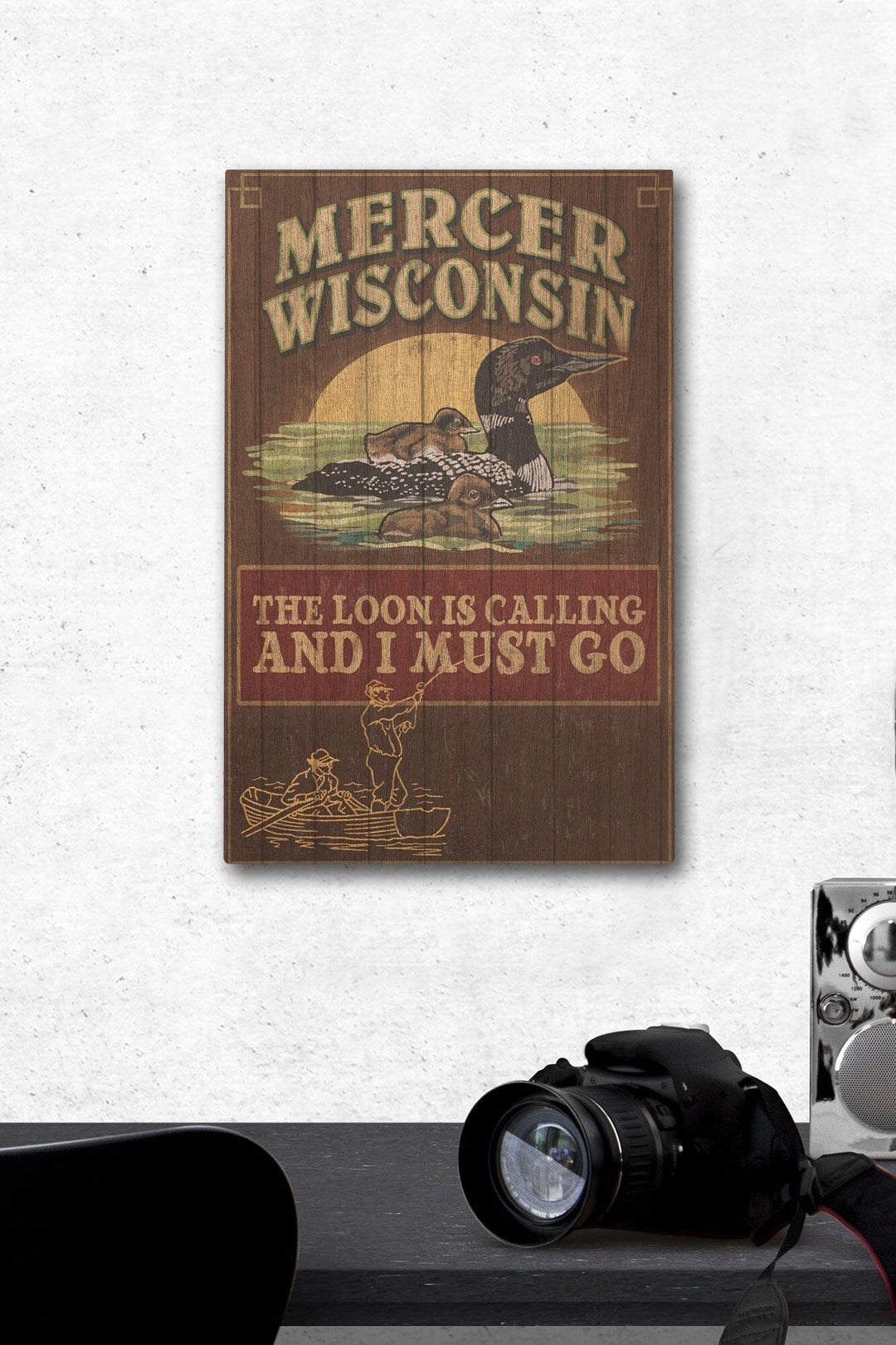 Mercer, Wisconsin, The Loon is Calling, Vintage Sign, Lantern Press Artwork, Wood Signs and Postcards Wood Lantern Press 12 x 18 Wood Gallery Print 