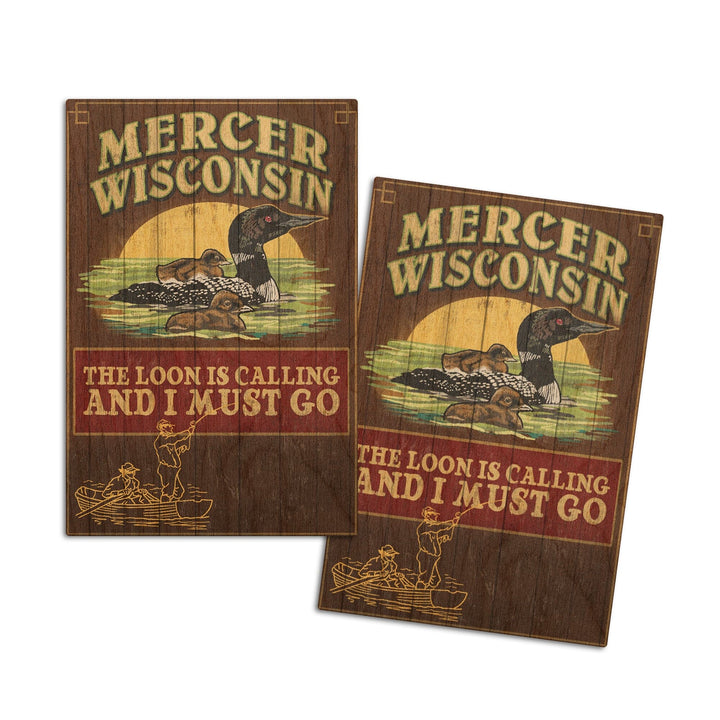 Mercer, Wisconsin, The Loon is Calling, Vintage Sign, Lantern Press Artwork, Wood Signs and Postcards Wood Lantern Press 4x6 Wood Postcard Set 