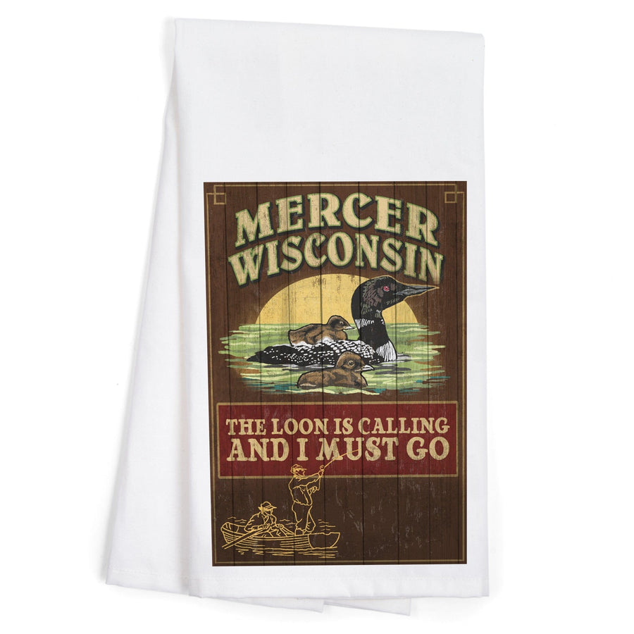 Mercer, Wisconsin, The Loon is Calling, Vintage Sign, Organic Cotton Kitchen Tea Towels Kitchen Lantern Press 