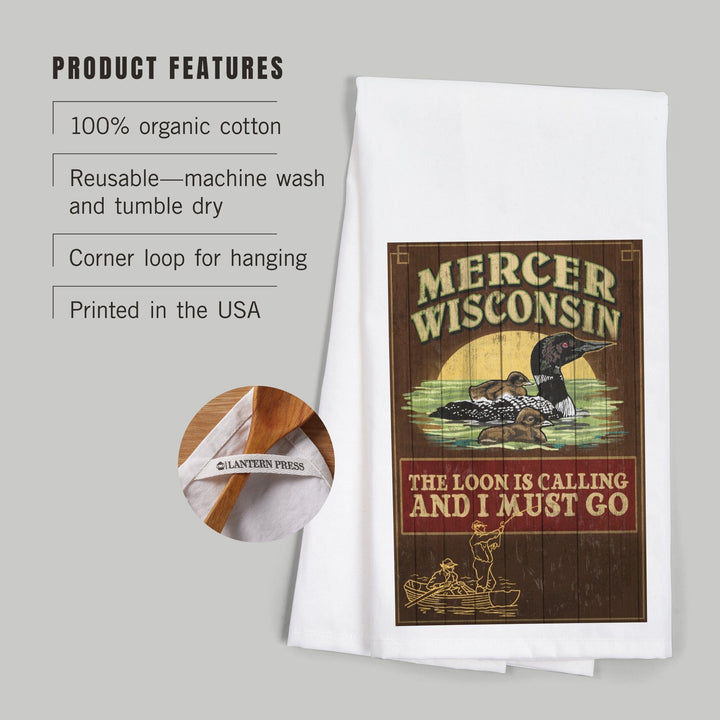 Mercer, Wisconsin, The Loon is Calling, Vintage Sign, Organic Cotton Kitchen Tea Towels Kitchen Lantern Press 