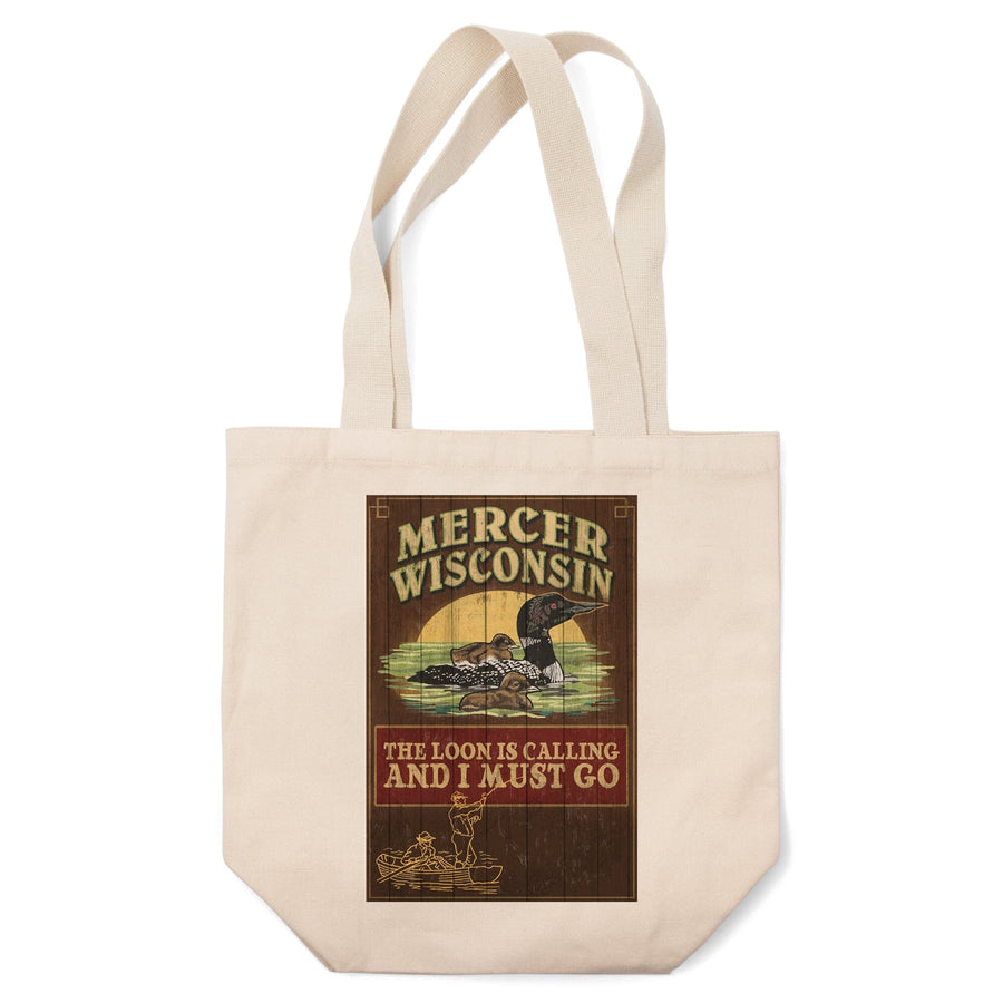 Mercer, Wisconsin, The Loon is Calling, Vintage Sign, Tote Bag Totes Lantern Press 
