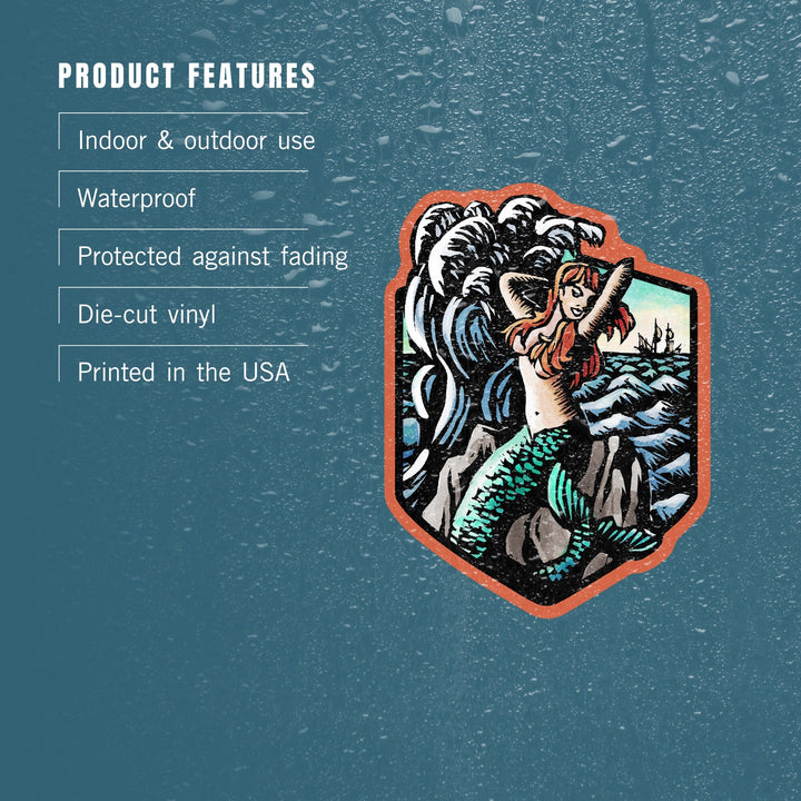 Mermaid, Scratchboard, Contour, Vinyl Sticker Sticker Lantern Press 