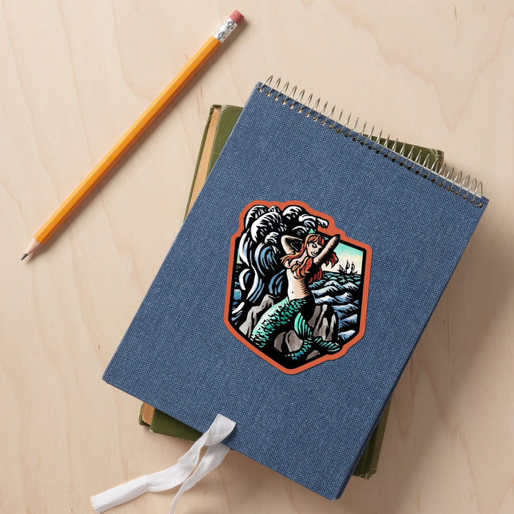 Mermaid, Scratchboard, Contour, Vinyl Sticker Sticker Lantern Press 