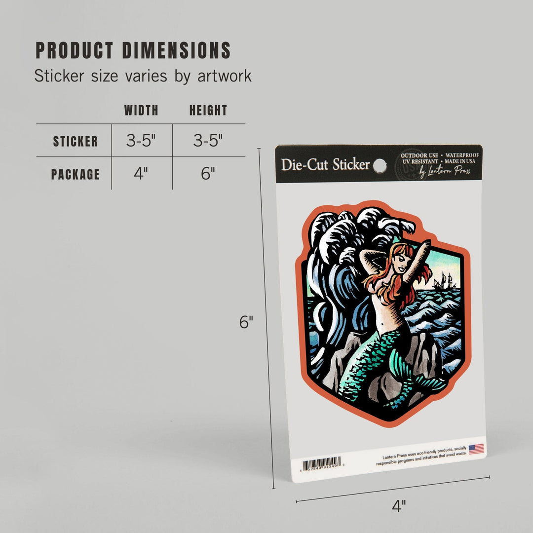 Mermaid, Scratchboard, Contour, Vinyl Sticker Sticker Lantern Press 