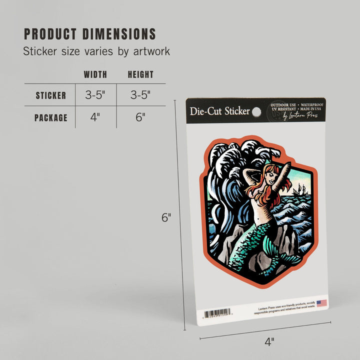 Mermaid, Scratchboard, Contour, Vinyl Sticker Sticker Lantern Press 