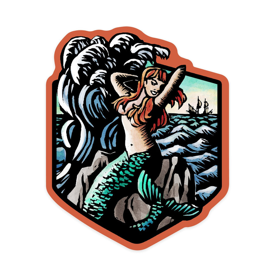 Mermaid, Scratchboard, Contour, Vinyl Sticker Sticker Lantern Press 