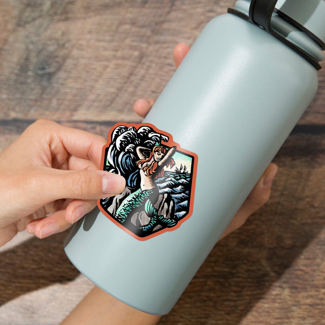 Mermaid, Scratchboard, Contour, Vinyl Sticker Sticker Lantern Press 