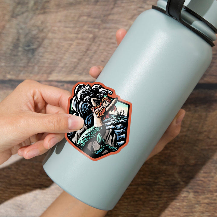 Mermaid, Scratchboard, Contour, Vinyl Sticker Sticker Lantern Press 