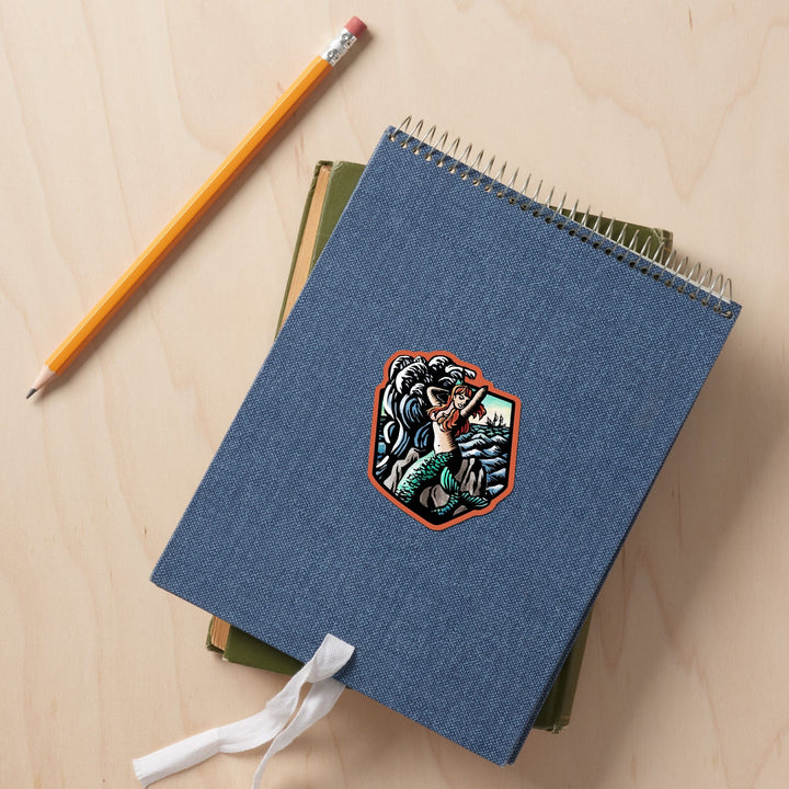 Mermaid, Scratchboard, Contour, Vinyl Sticker Sticker Lantern Press 