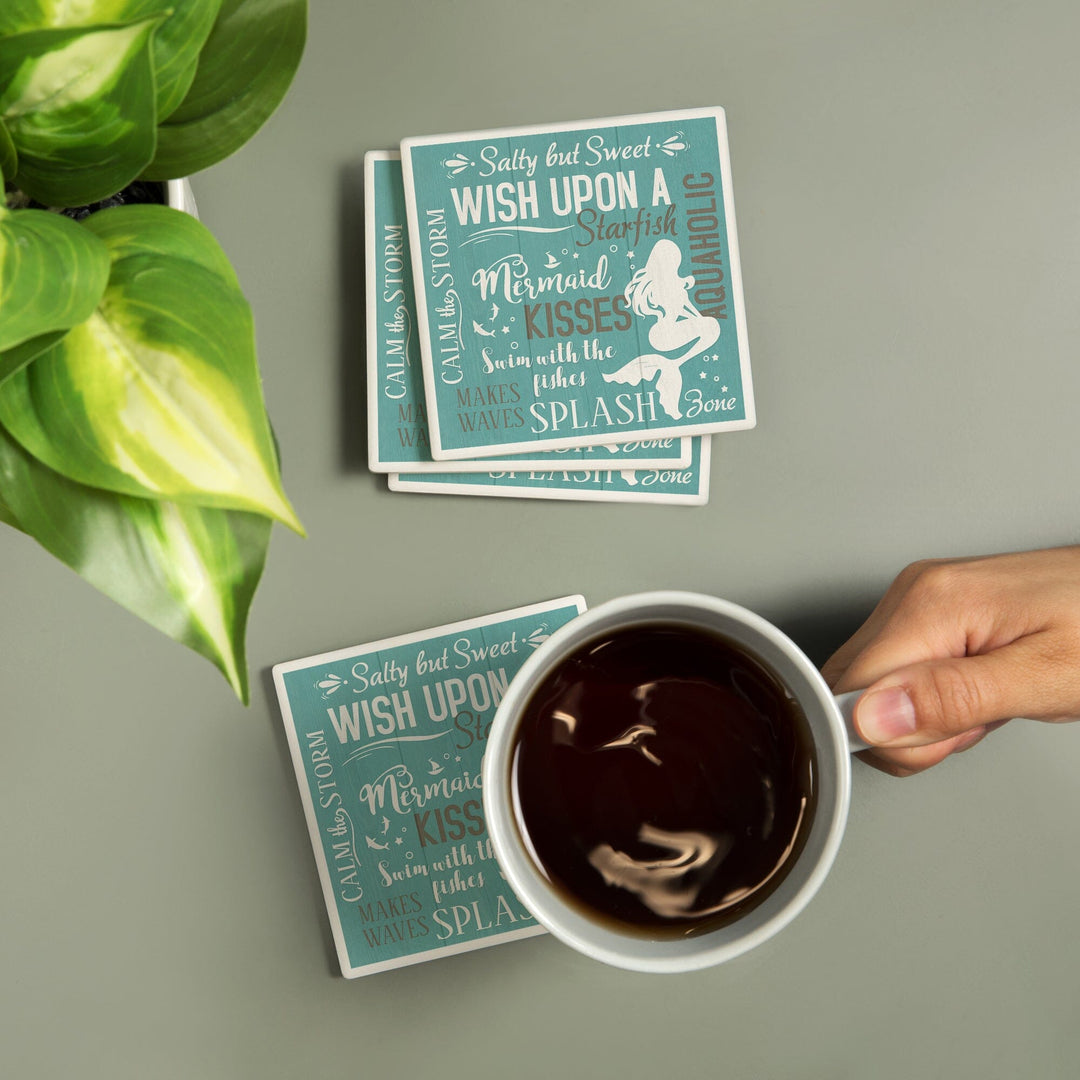 Mermaid Typography, Lantern Press Artwork, Coaster Set - Lantern Press