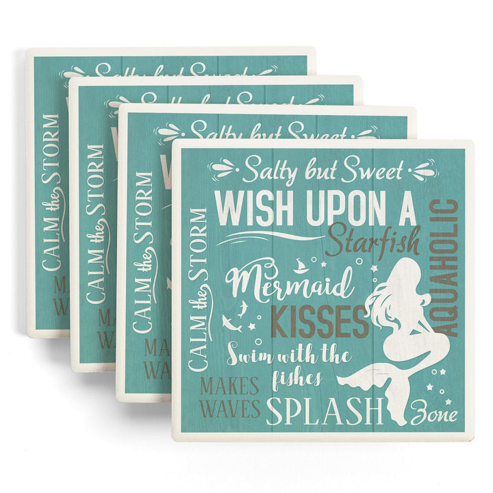 Mermaid Typography, Lantern Press Artwork, Coaster Set - Lantern Press