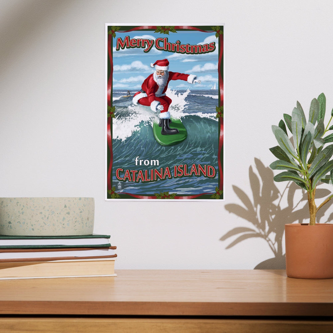 Merry Christmas from Catalina Island, Santa Surfing, Art & Giclee Prints Art Lantern Press 