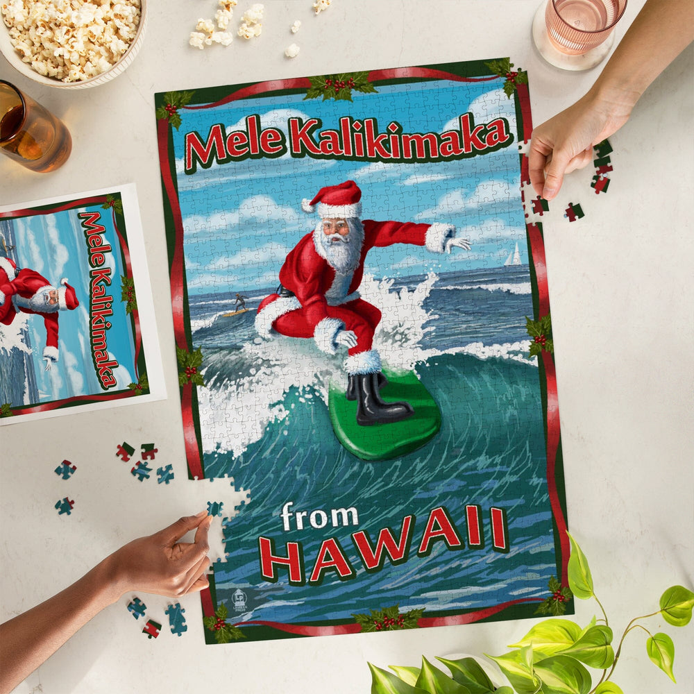 Merry Christmas from Hawaii, Santa Surfing, Jigsaw Puzzle Puzzle Lantern Press 