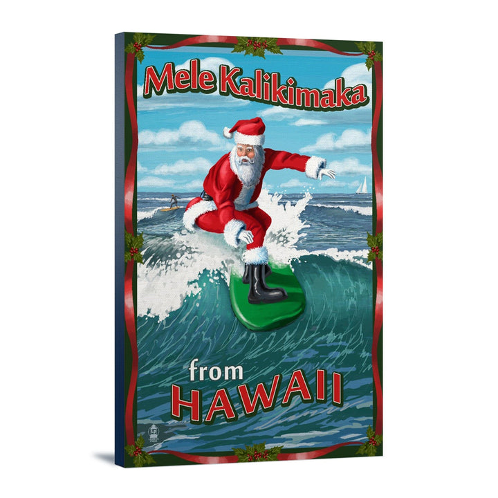 Merry Christmas from Hawaii, Santa Surfing, Lantern Press Artwork, Stretched Canvas Canvas Lantern Press 16 x 24 Gallery Canvas 