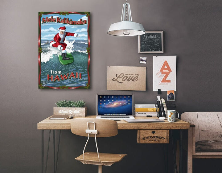 Merry Christmas from Hawaii, Santa Surfing, Lantern Press Artwork, Stretched Canvas Canvas Lantern Press 