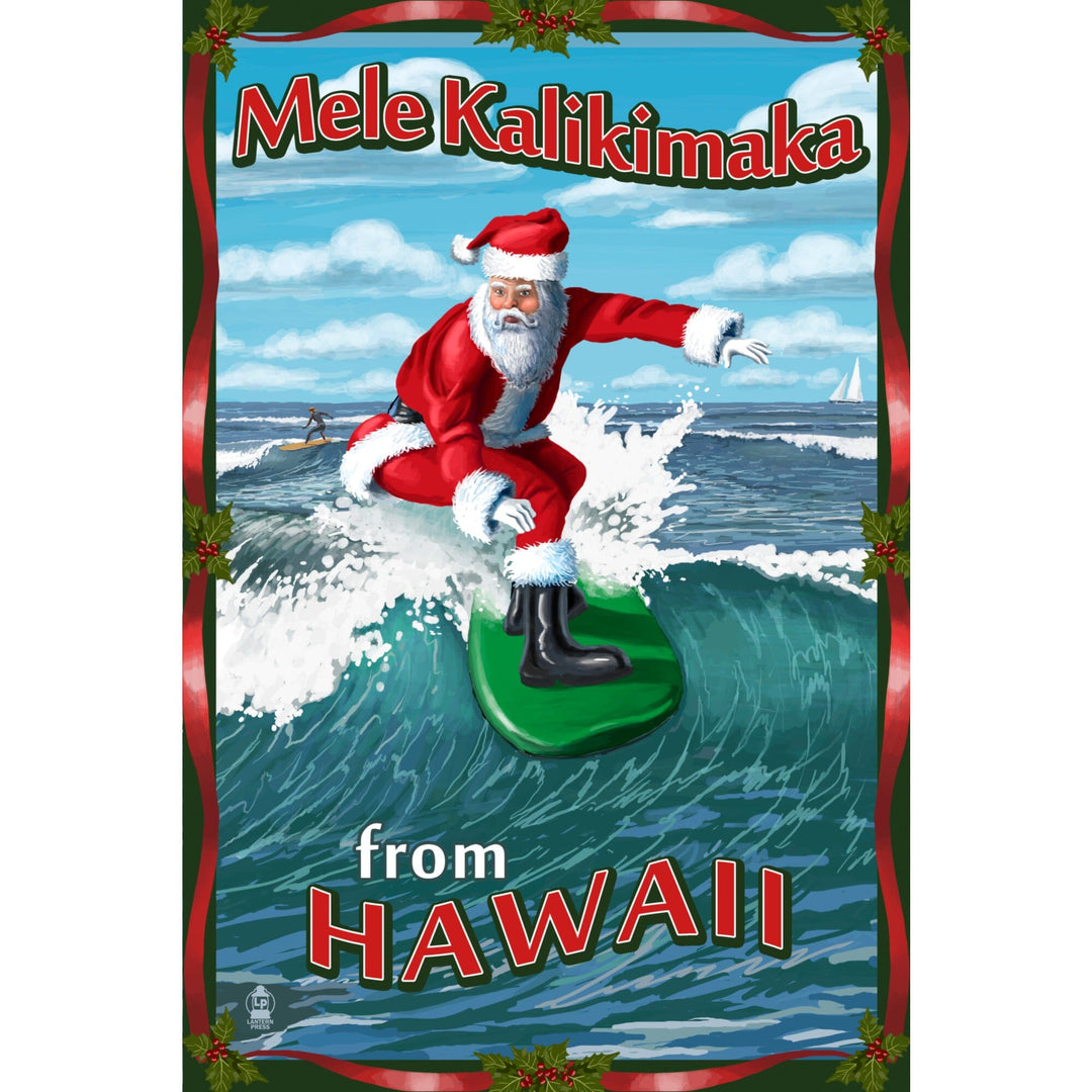 Merry Christmas from Hawaii, Santa Surfing, Lantern Press Artwork, Stretched Canvas Canvas Lantern Press 