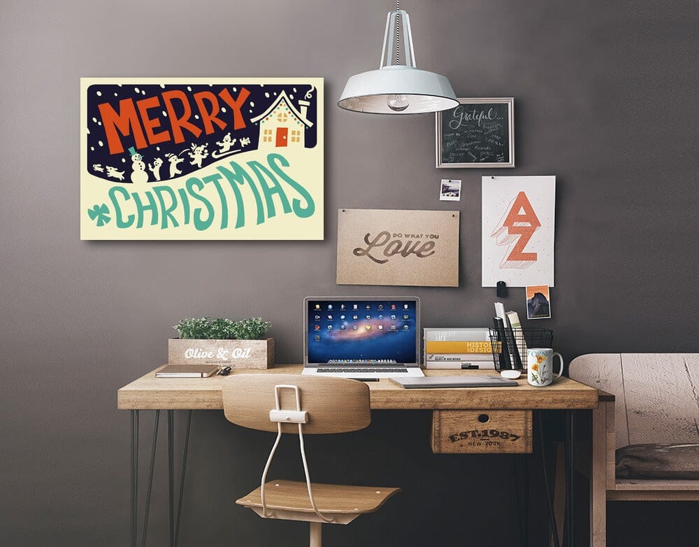 Merry Christmas House, Retro Christmas, Lantern Press Artwork, Stretched Canvas Canvas Lantern Press 