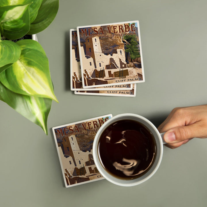 Mesa Verde National Park, Colorado, Cliff Palace, Lantern Press Artwork, Coaster Set - Lantern Press