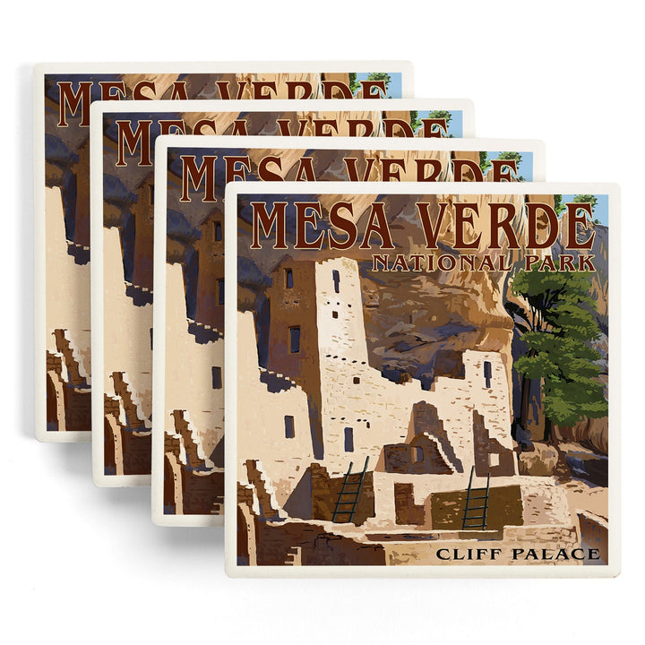 Mesa Verde National Park, Colorado, Cliff Palace, Lantern Press Artwork, Coaster Set - Lantern Press