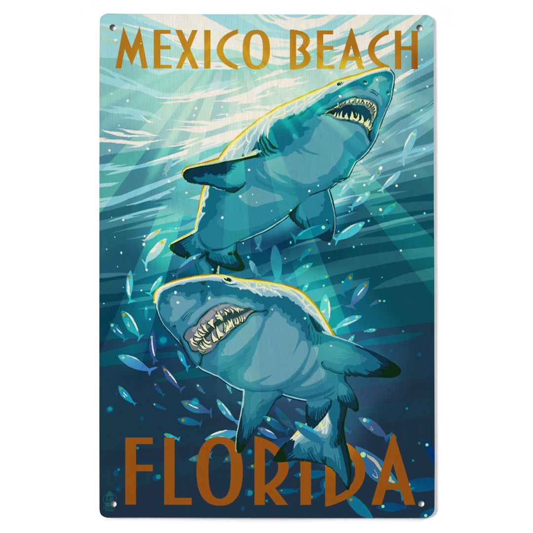 Mexico Beach, Florida, Painterly, Stylized Tiger Sharks, Wood Signs and Postcards Wood Lantern Press 
