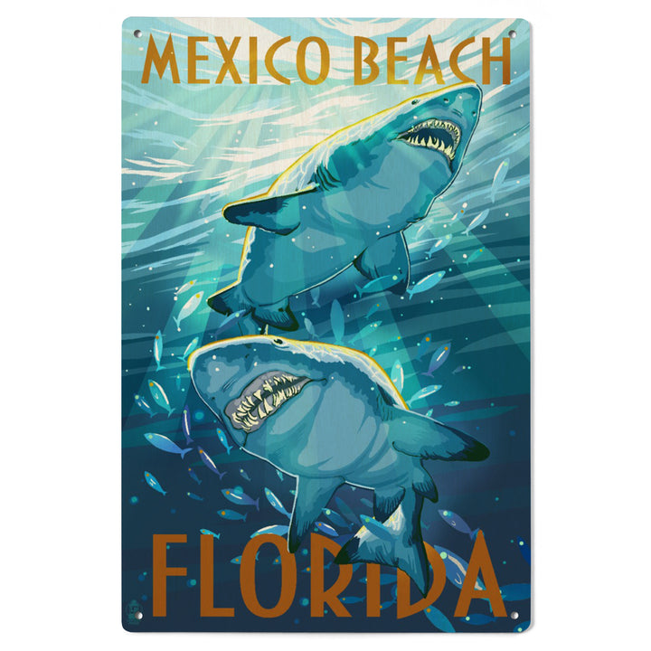 Mexico Beach, Florida, Painterly, Stylized Tiger Sharks, Wood Signs and Postcards Wood Lantern Press 