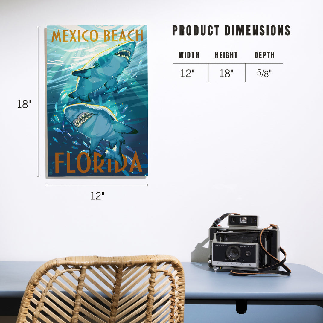 Mexico Beach, Florida, Painterly, Stylized Tiger Sharks, Wood Signs and Postcards Wood Lantern Press 