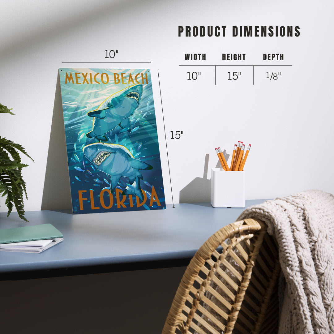Mexico Beach, Florida, Painterly, Stylized Tiger Sharks, Wood Signs and Postcards Wood Lantern Press 