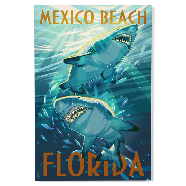 Mexico Beach, Florida, Painterly, Stylized Tiger Sharks, Wood Signs and Postcards Wood Lantern Press 