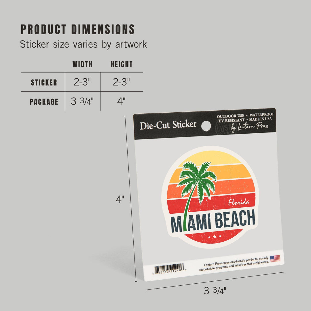 Miami Beach, Florida, Sun, Contour, Vinyl Sticker Sticker Lantern Press 