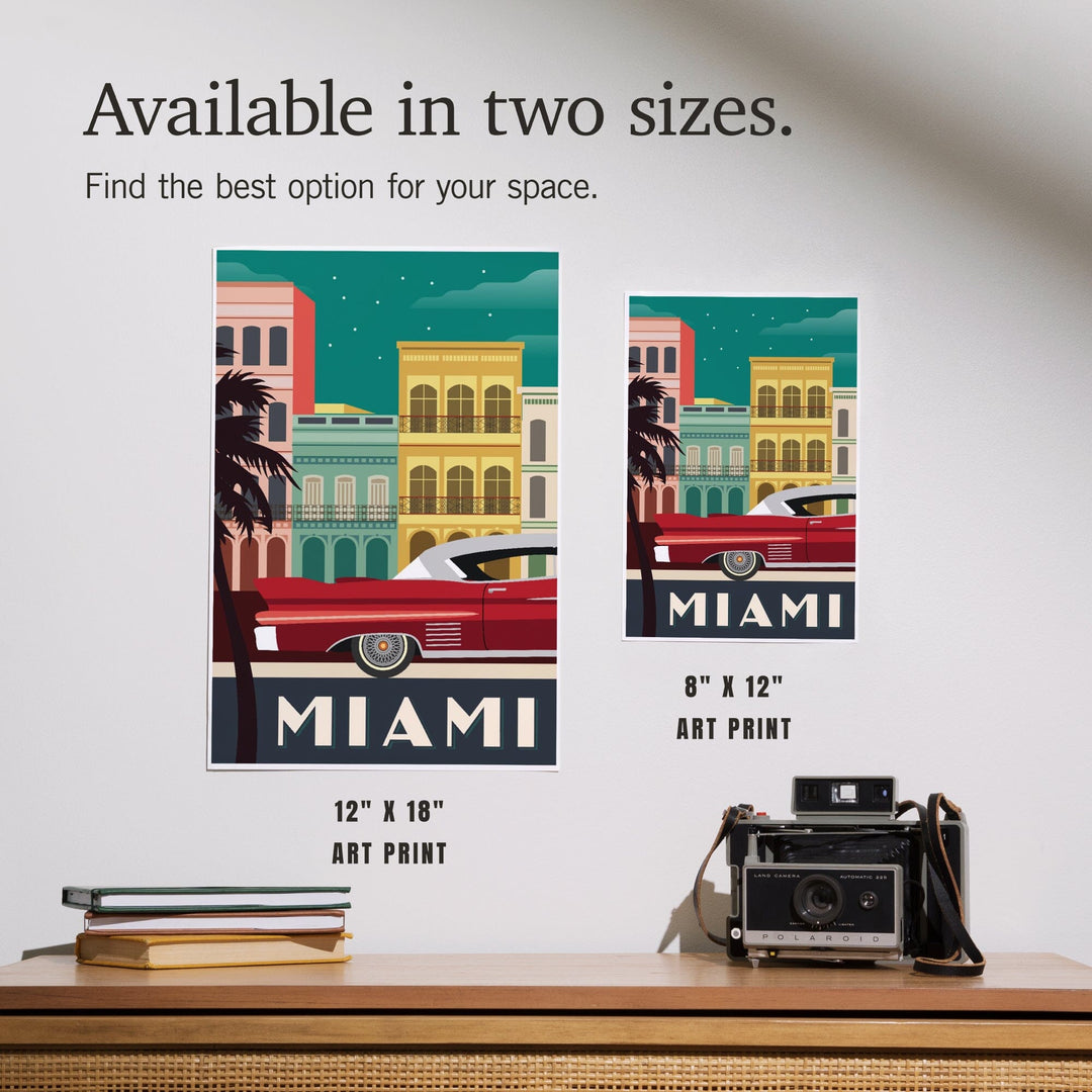 Miami, Buildings and Vintage Car, Vector, Art & Giclee Prints Art Lantern Press 