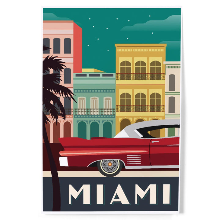 Miami, Buildings and Vintage Car, Vector, Art & Giclee Prints Art Lantern Press 
