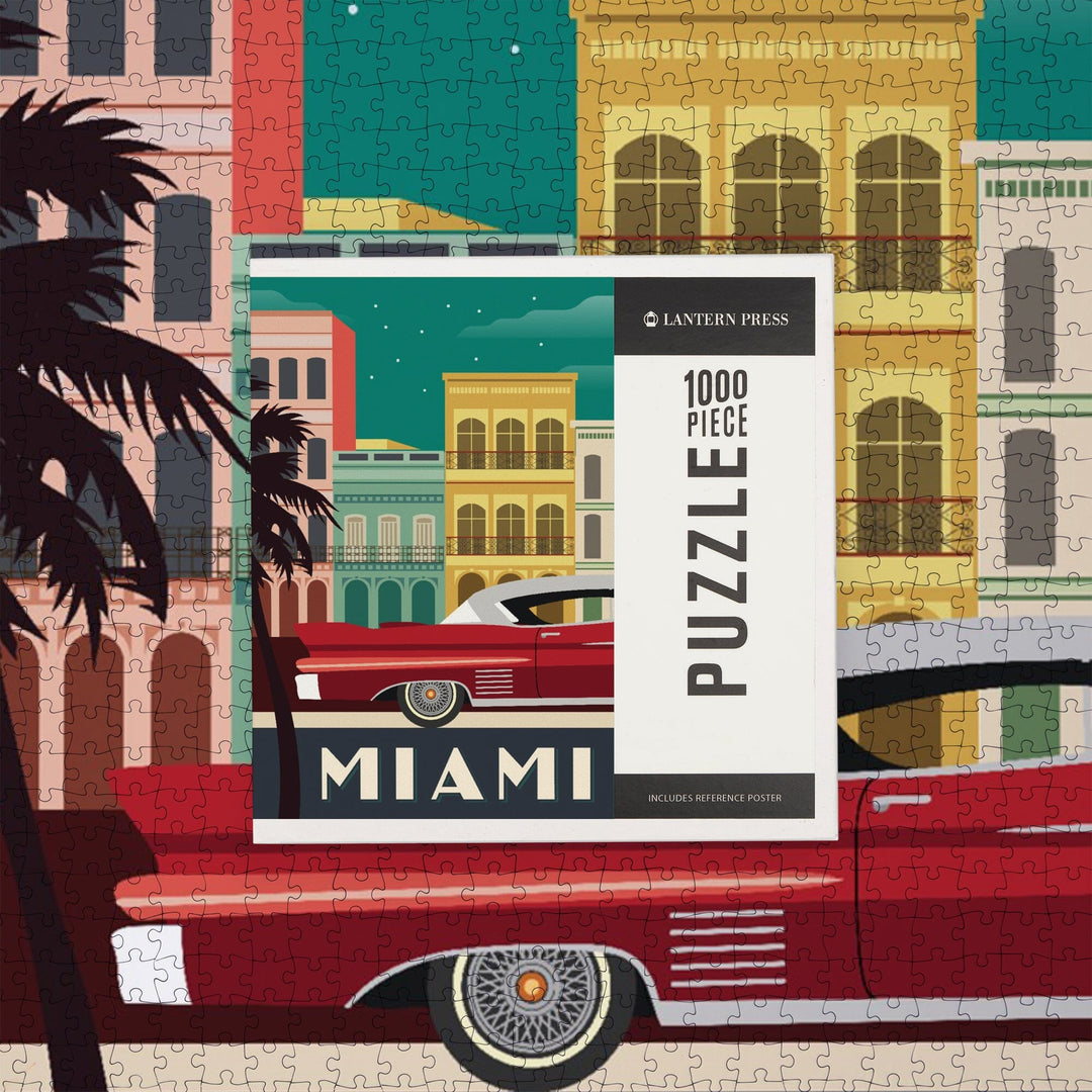 Miami, Buildings and Vintage Car, Vector, Jigsaw Puzzle Puzzle Lantern Press 