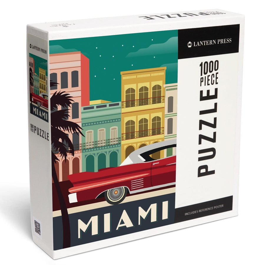 Miami, Buildings and Vintage Car, Vector, Jigsaw Puzzle Puzzle Lantern Press 