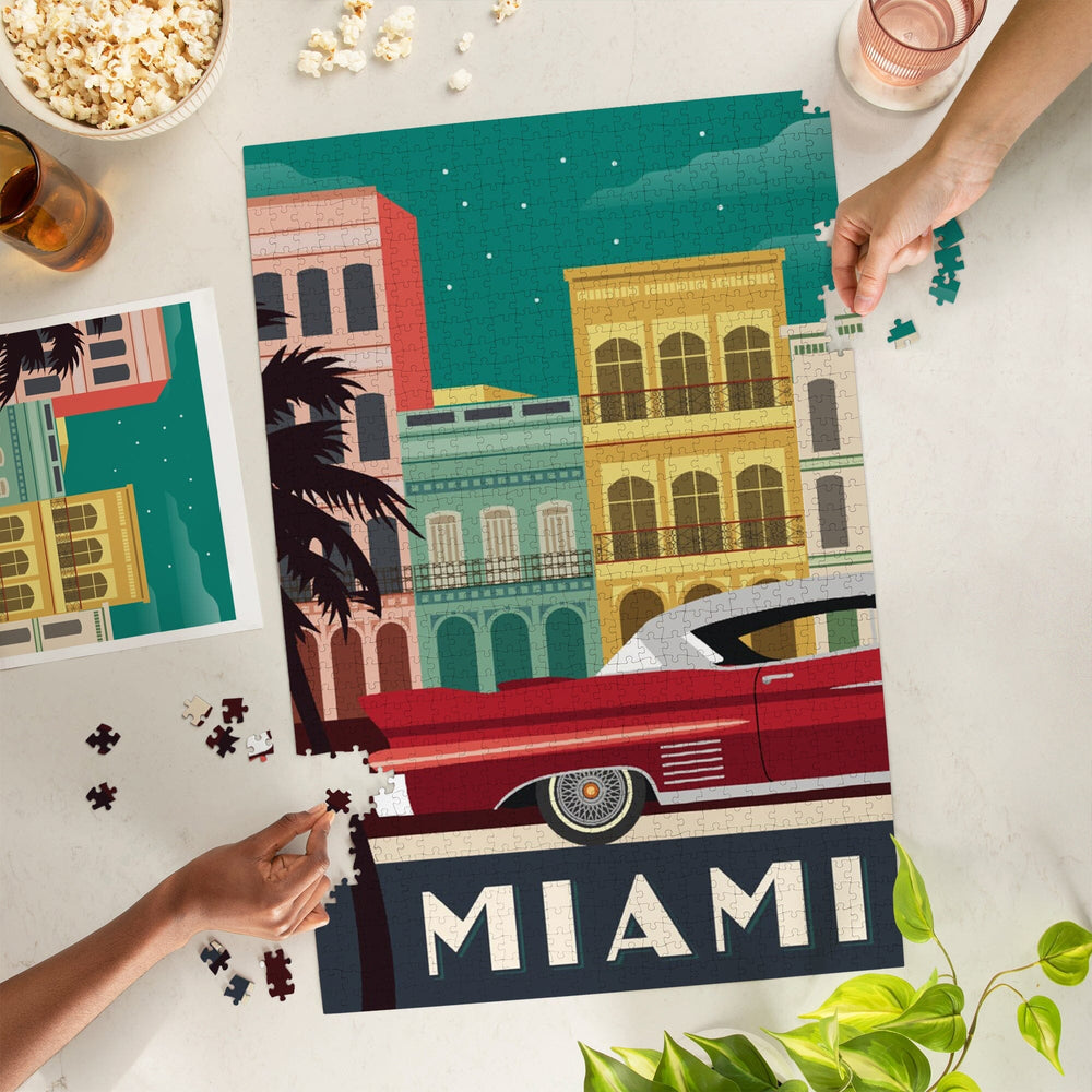 Miami, Buildings and Vintage Car, Vector, Jigsaw Puzzle Puzzle Lantern Press 