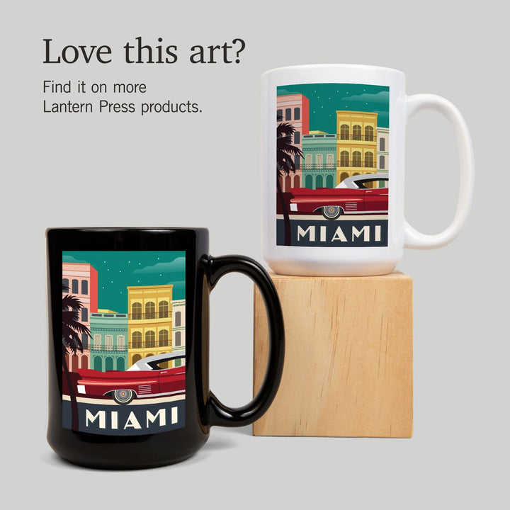 Miami, Buildings & Vintage Car, Vector, Lantern Press Artwork, Ceramic Mug Mugs Lantern Press 