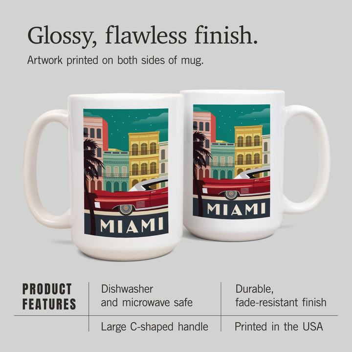 Miami, Buildings & Vintage Car, Vector, Lantern Press Artwork, Ceramic Mug Mugs Lantern Press 