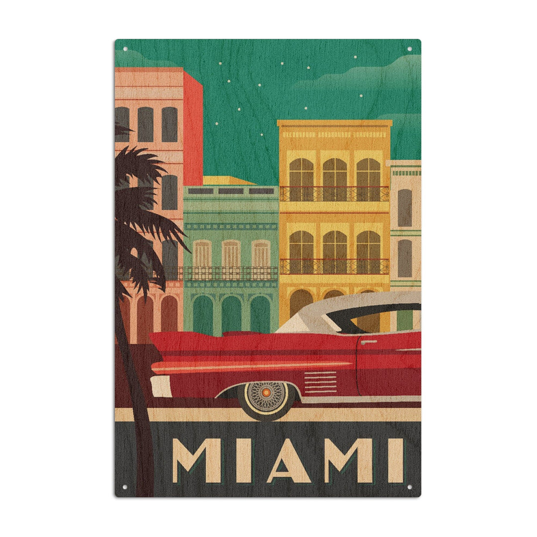 Miami, Buildings & Vintage Car, Vector, Lantern Press Artwork, Wood Signs and Postcards Wood Lantern Press 10 x 15 Wood Sign 