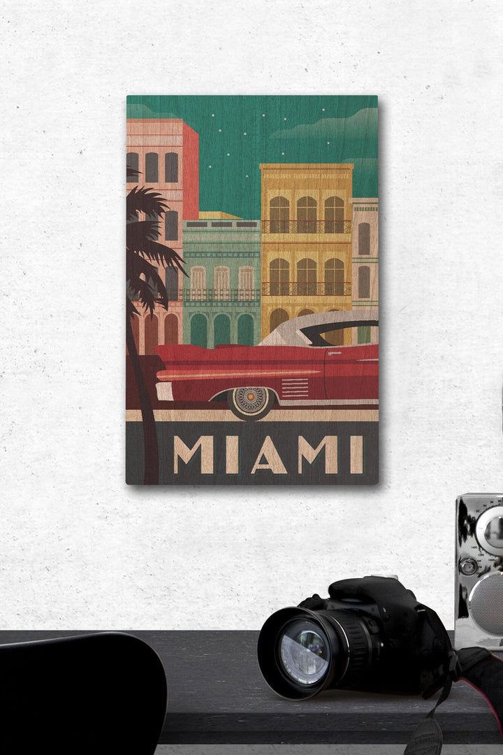 Miami, Buildings & Vintage Car, Vector, Lantern Press Artwork, Wood Signs and Postcards Wood Lantern Press 12 x 18 Wood Gallery Print 