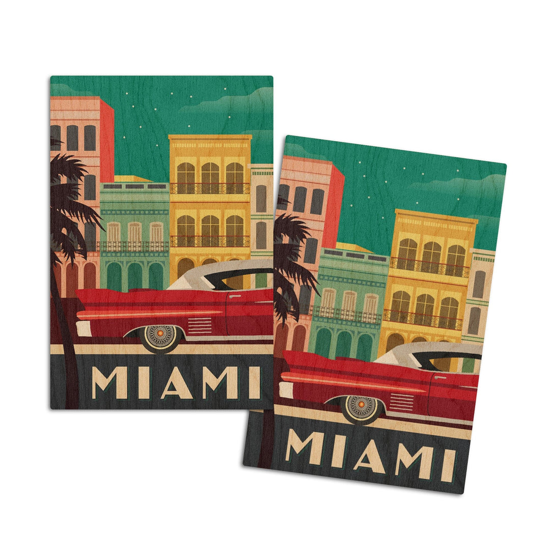 Miami, Buildings & Vintage Car, Vector, Lantern Press Artwork, Wood Signs and Postcards Wood Lantern Press 4x6 Wood Postcard Set 