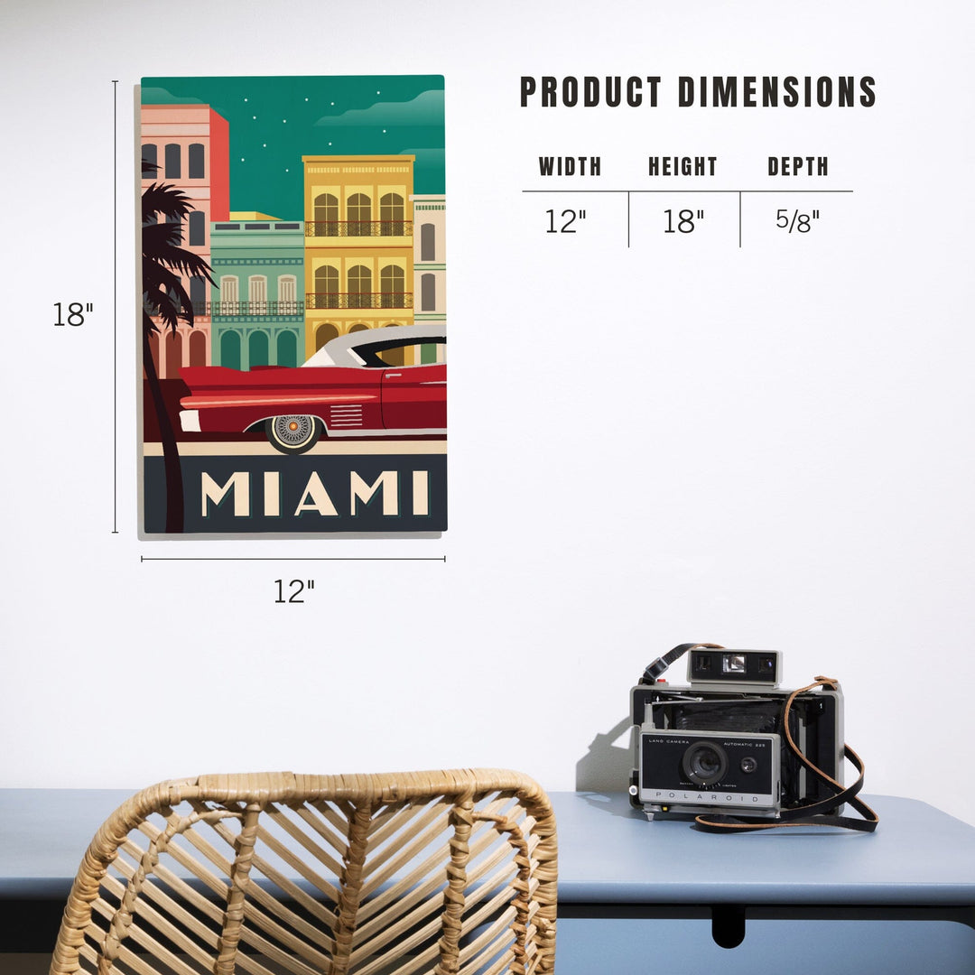 Miami, Buildings & Vintage Car, Vector, Lantern Press Artwork, Wood Signs and Postcards Wood Lantern Press 