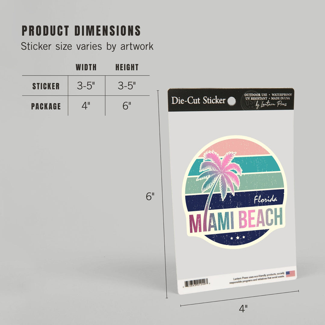Miami, Florida, Beach, Contour, Vinyl Sticker Sticker Lantern Press 