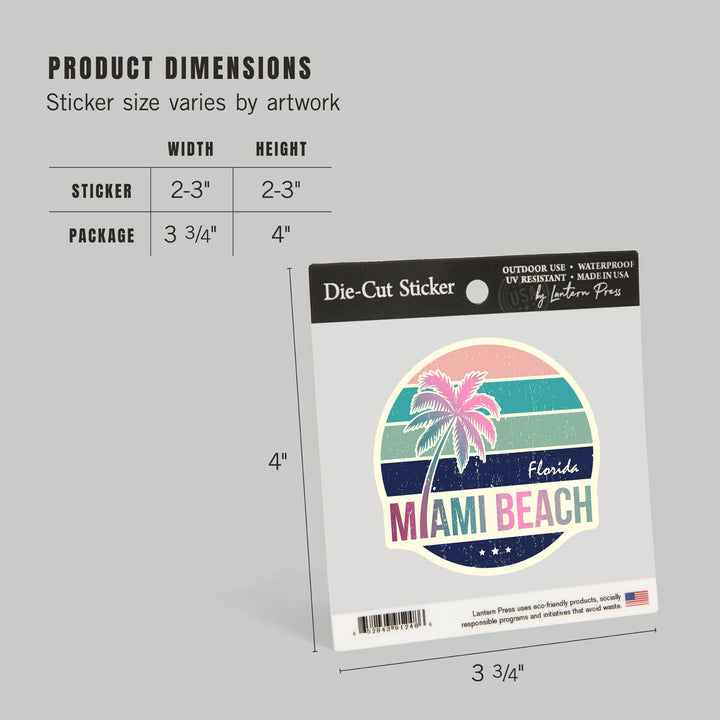 Miami, Florida, Beach, Contour, Vinyl Sticker Sticker Lantern Press 