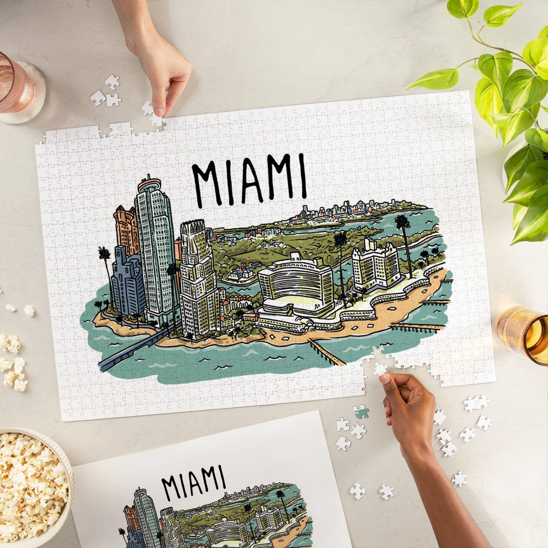 Miami, Florida, Line Drawing, Jigsaw Puzzle Puzzle Lantern Press 