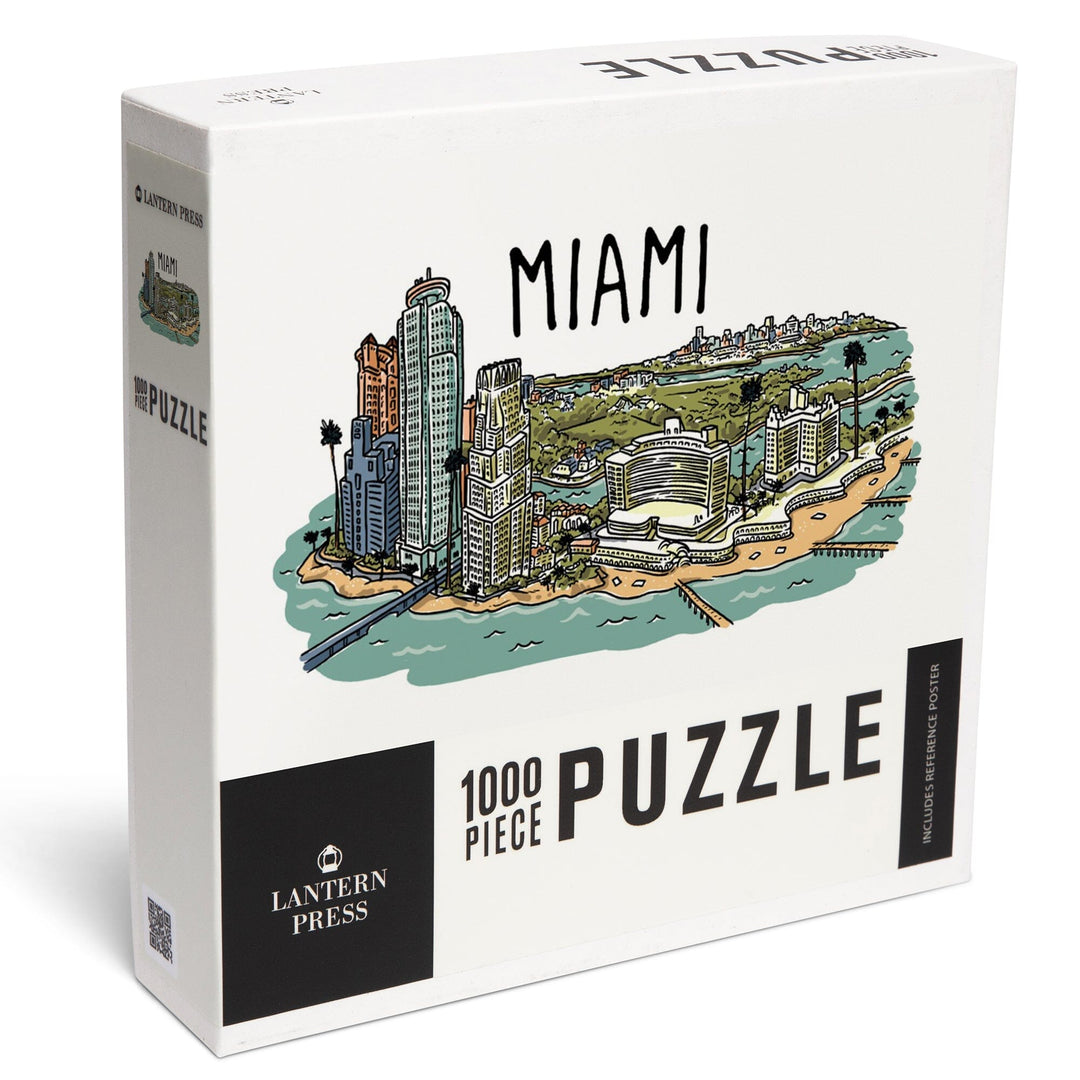 Miami, Florida, Line Drawing, Jigsaw Puzzle Puzzle Lantern Press 