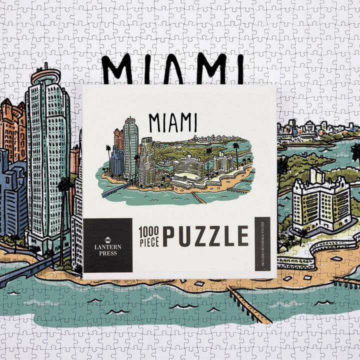 Miami, Florida, Line Drawing, Jigsaw Puzzle Puzzle Lantern Press 