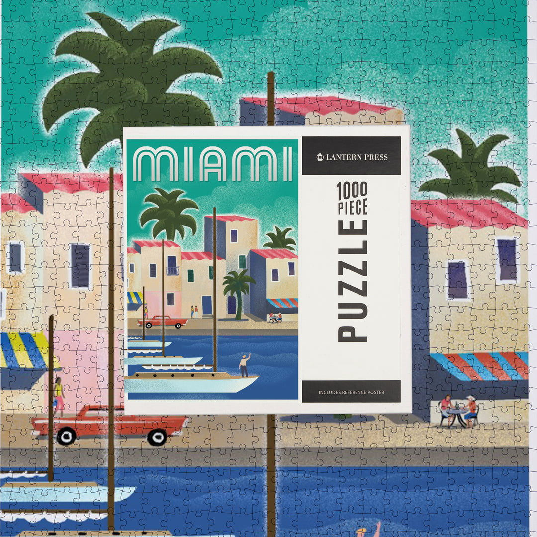 Miami, Florida, Lithograph, Jigsaw Puzzle Puzzle Lantern Press 