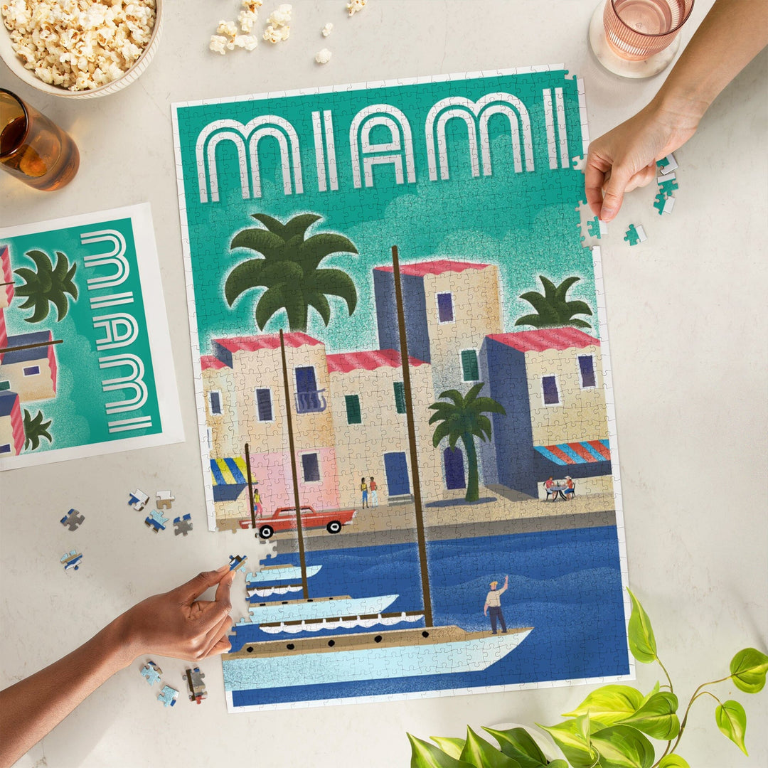 Miami, Florida, Lithograph, Jigsaw Puzzle Puzzle Lantern Press 