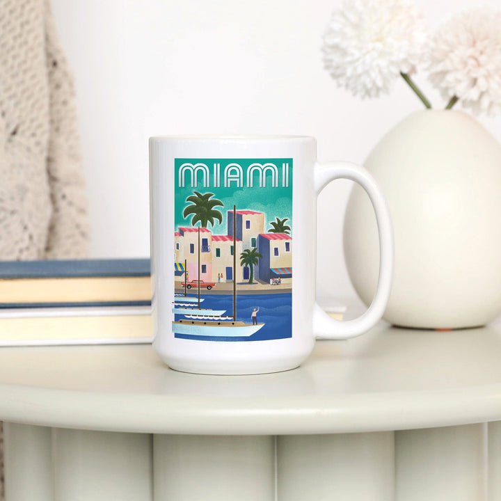 Miami, Florida, Lithograph, Lantern Press Artwork, Ceramic Mug Mugs Lantern Press 