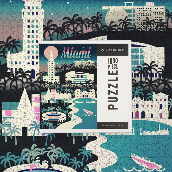 Miami, Florida, Retro Skyline Chromatic Series, Jigsaw Puzzle Puzzle Lantern Press 