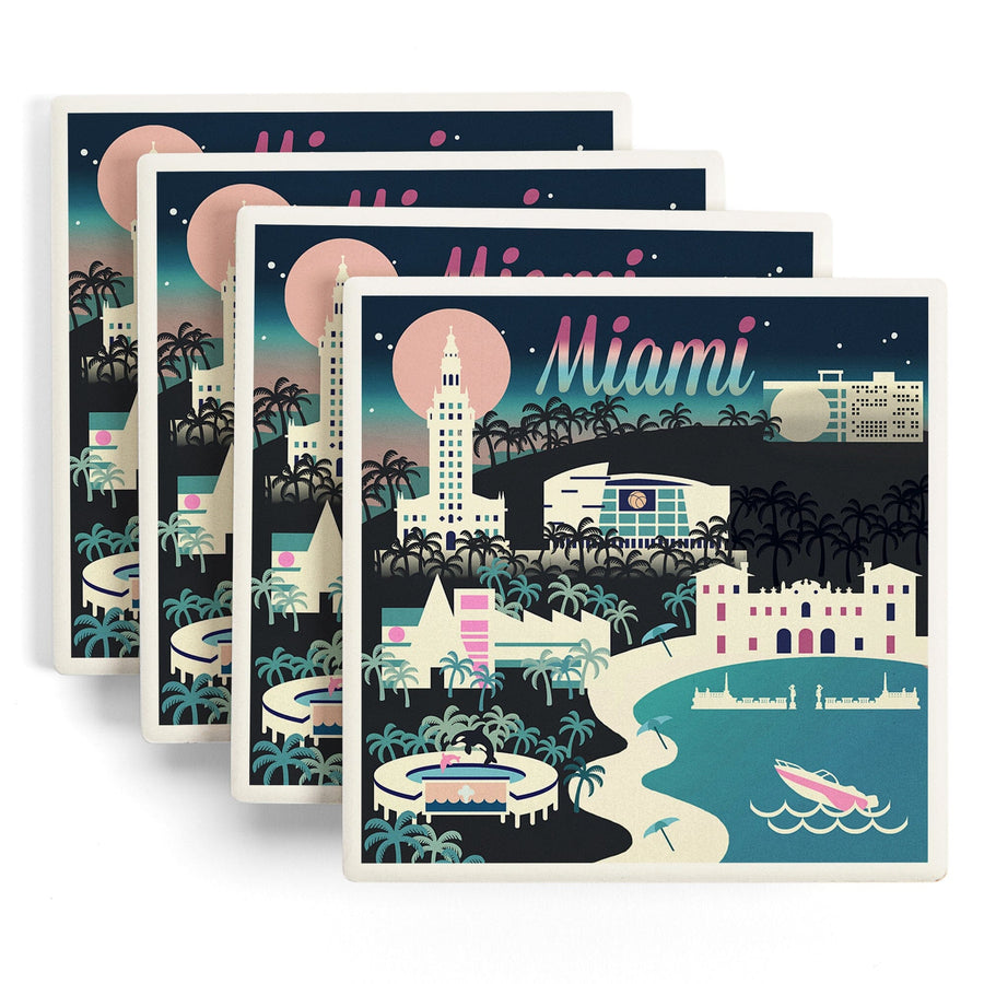 Miami, Florida, Retro Skyline Chromatic Series, Lantern Press Artwork, Coaster Set - Lantern Press